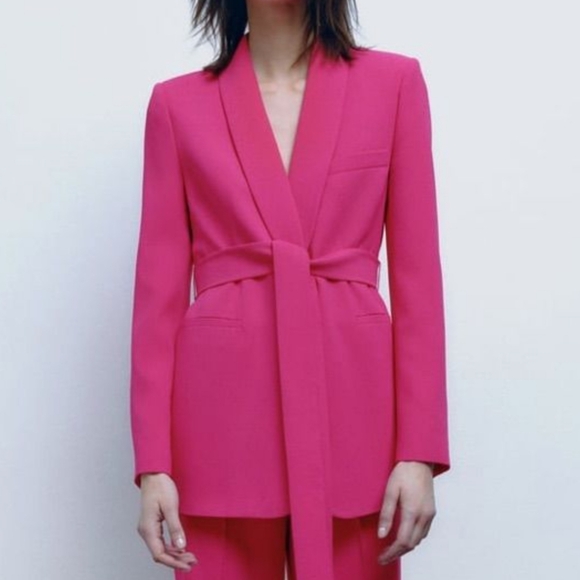 NWT ZARA $130 Belted Tuxedo Blazer Vibrant Pink Women's XL Neon Fuschia NEW! - Picture 5 of 16